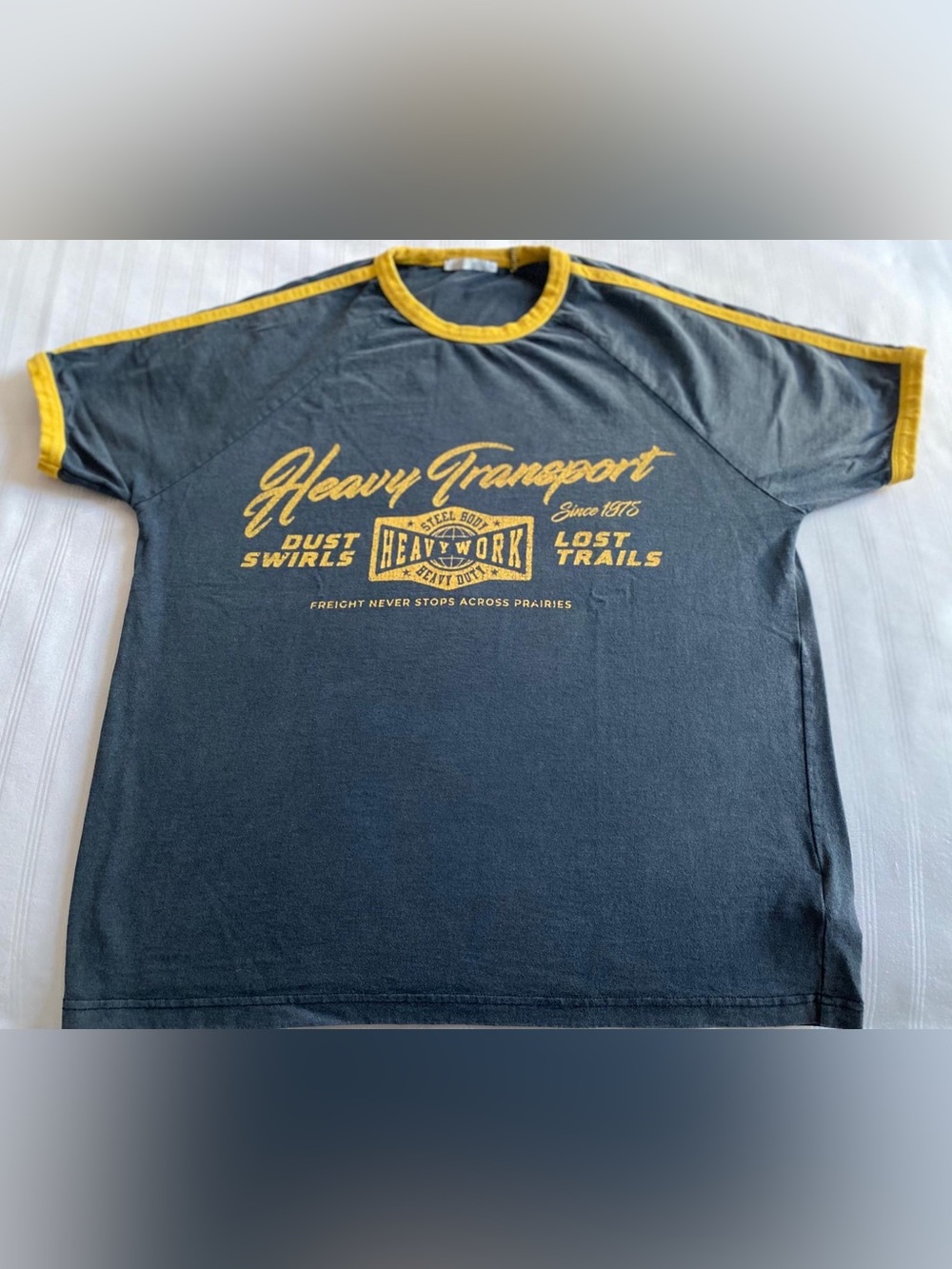 Zara Navy Short Sleeve Graphic Tee with Yellow Trim